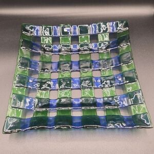 Vintage LEONARDO Blue and Green Checkered Basketweave Glass Art Plate